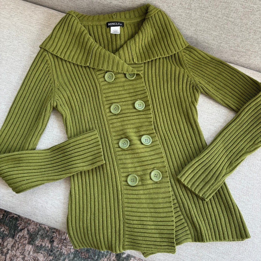 Vintage Mingle Green Ribbed Hooded Cardigan L Y2K Twee Indie Fairy Fall Cyber